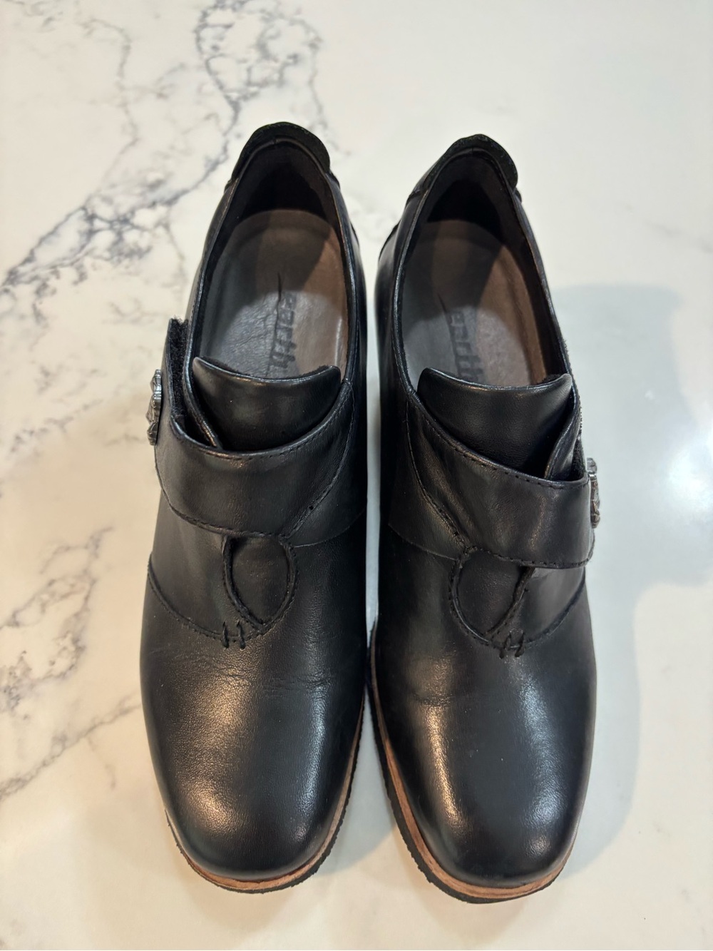 Ladies Black Leather Slip-On Shoes with Buckle Detail